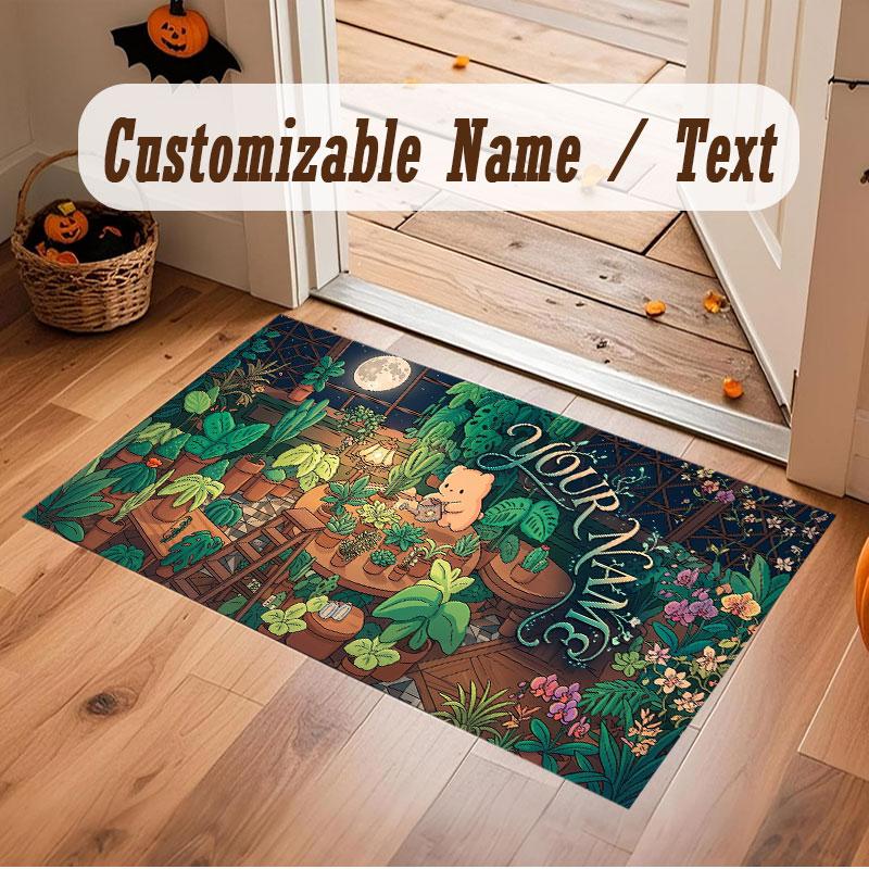 Floral Garden Theme Crystal Velvet Floor Rug Personalized Custom Name Text Warm Carpet Home Decoration