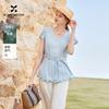 Fragrant Blue Linen Lightweight Shirt for Women, 2026 Summer New Style French V-neck Shirt, Slim Fit Waist Pinching Top