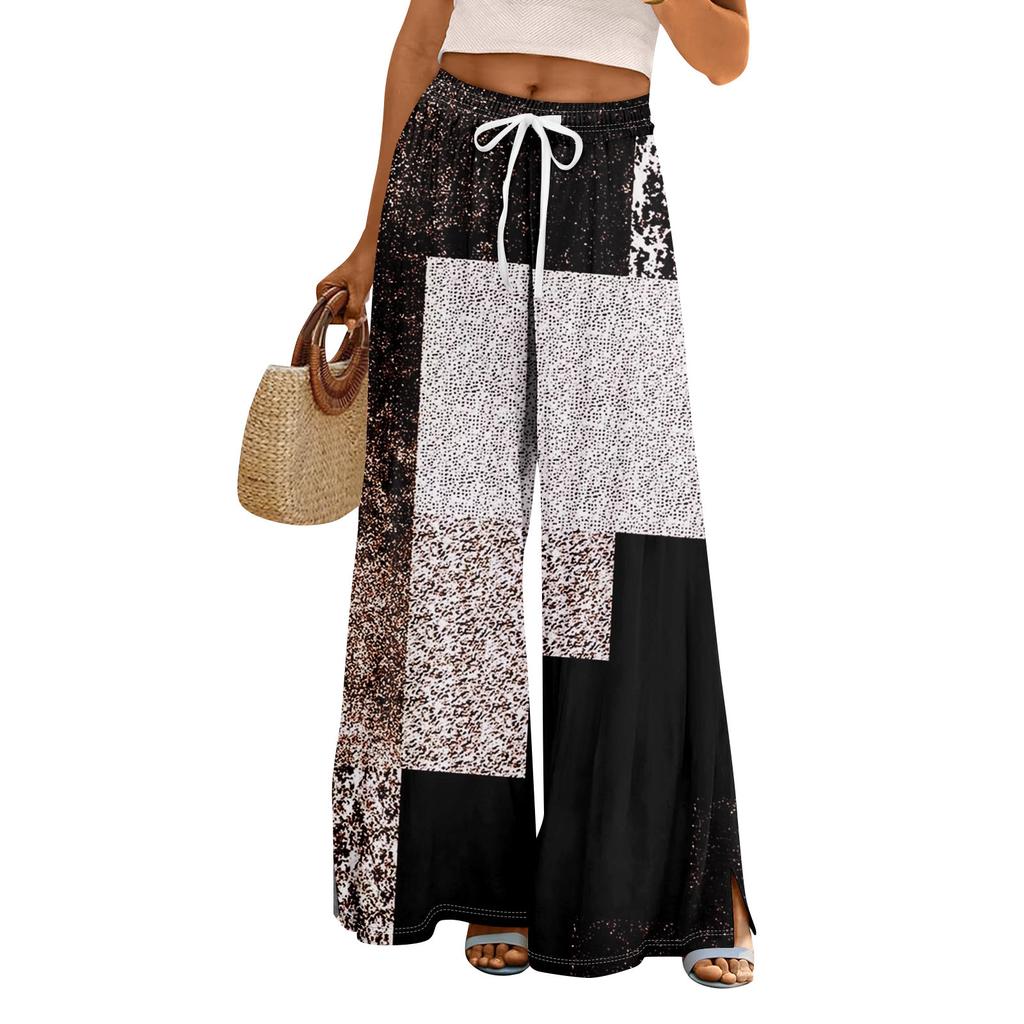 Women Summer Boho Palazzo Pants High Waist Wide Leg Floral Printing Casual Trousers With Pockets