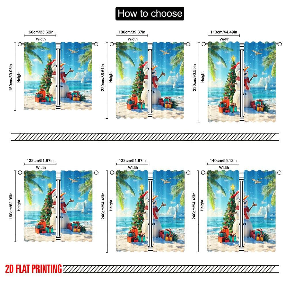 2pcs,2D Plane Printing Curtains Christmas Snowman Beach 100% Polyester (without Rod) Outdoor Decorations for Bedroom, Office,