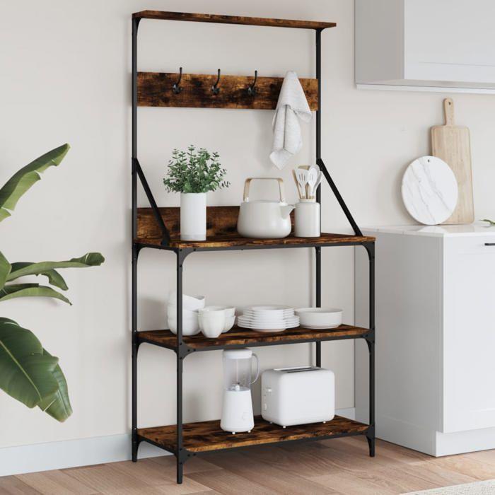 VidaXL Bakery Shelf and Hooks 4 Levels, Storage Furniture with Adjustable Feet, Kitchen Organizer 838960