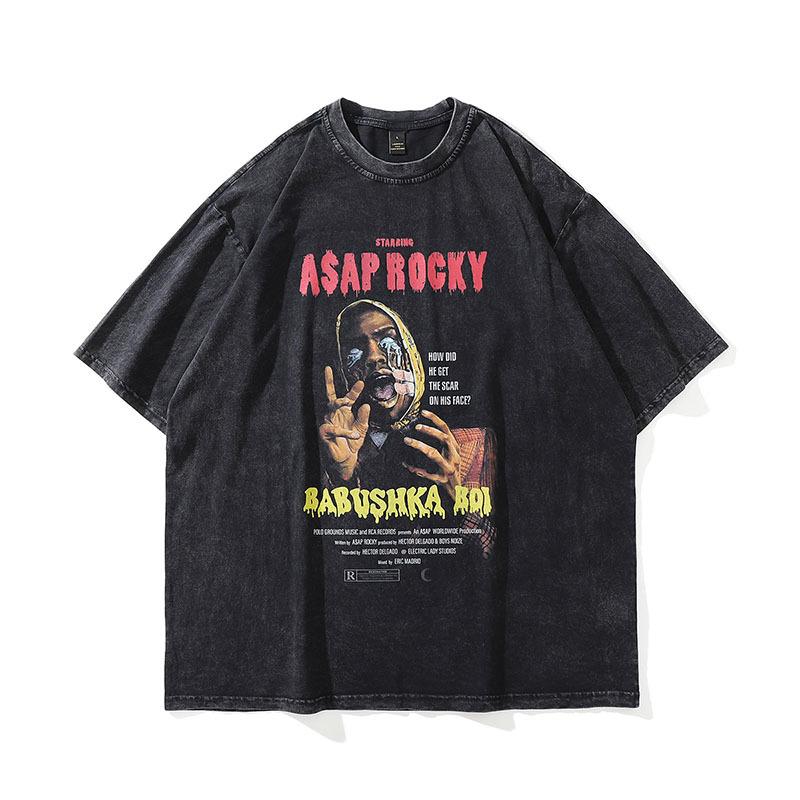 European And American Hiphop Retro Skull Print Washed Old Short-Sleeved T-Shirt Men'S And Women'S Vintage Hip-Hop Vintage
