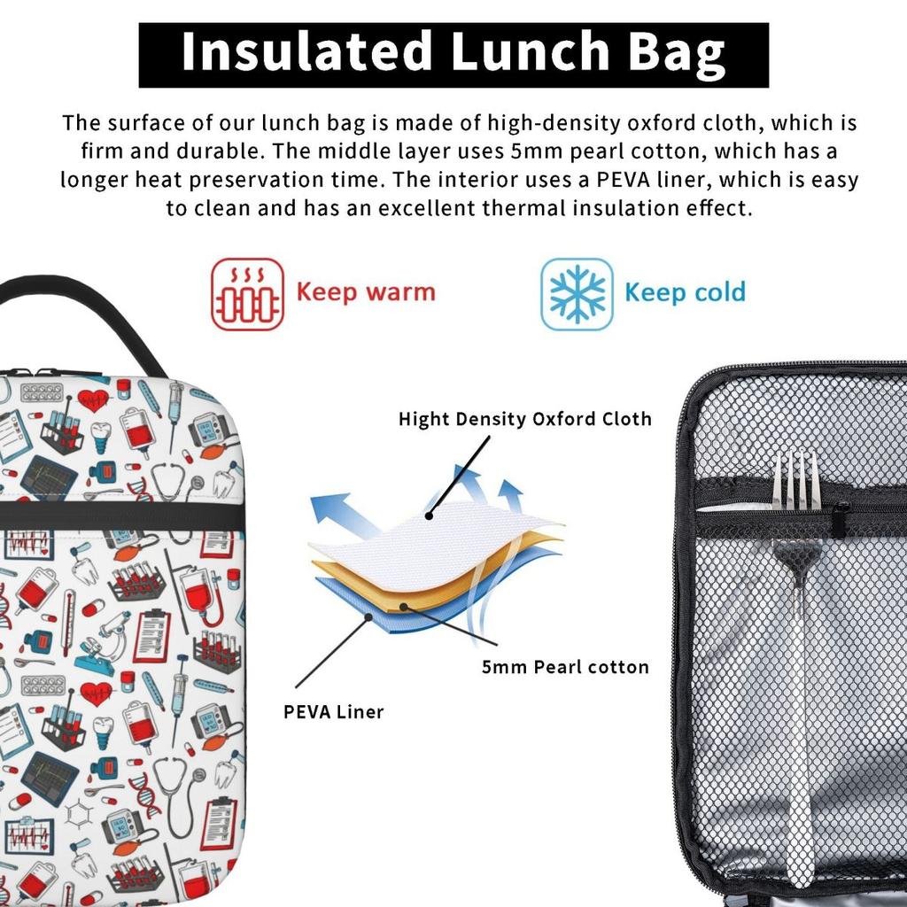 Medical Equipment Pattern Insulated Lunch Bag for Kids School Cooler Thermal Food Box Tote Leakproof Lunch Boxes Container