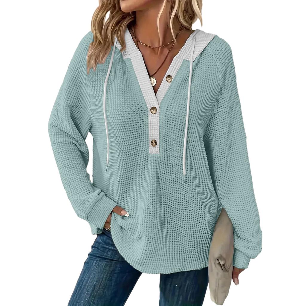 Damska bluza z długim rękawem i ściągaczem w blokach kolorów, z kapturem i guzikami, z dekoltem w serek, w swobodnym stylu