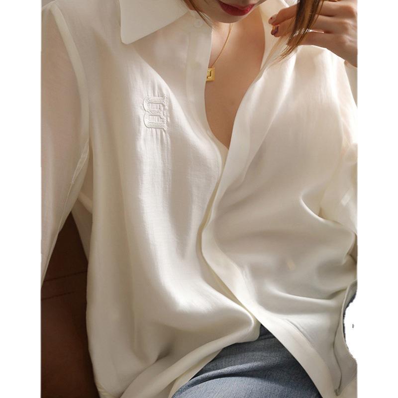 White Blouse Women's Early Spring Summer Long Sleeve Letter Shirt Top
