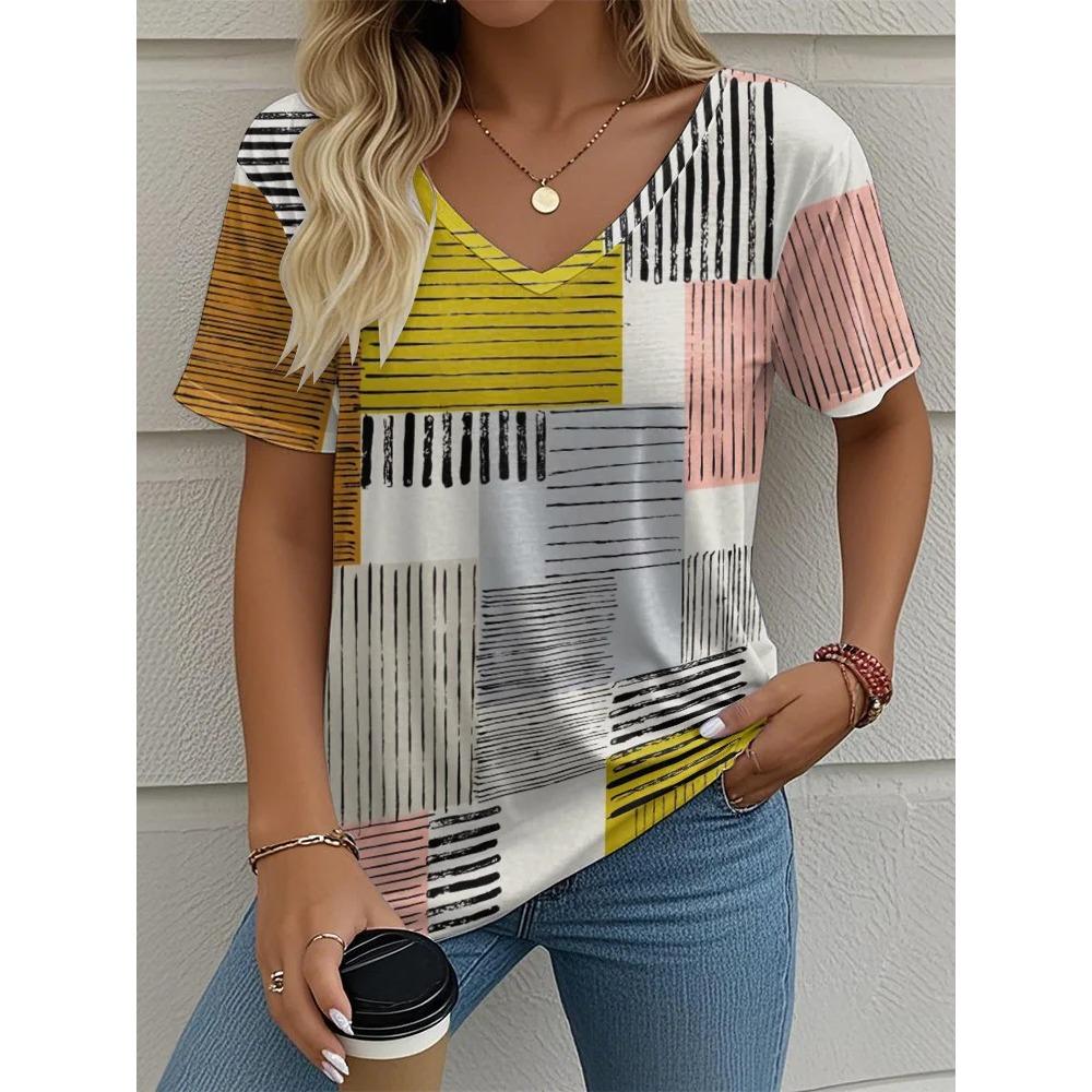 Summer plaid women's V-neck T-shirt outdoor casual short-sleeved top