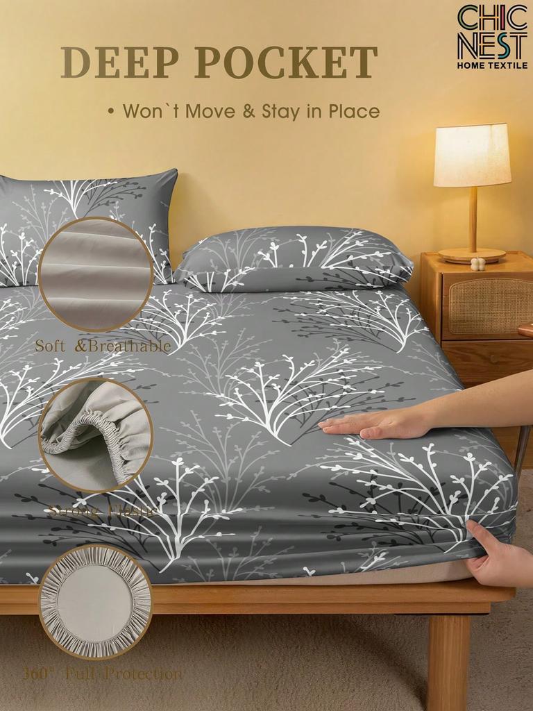 3PCS Gray Fitted Sheet Set Modern Style White Tree Branche Leaf Pattern Print Flat Sheet With 2Pillowcases For Dormitory Decor