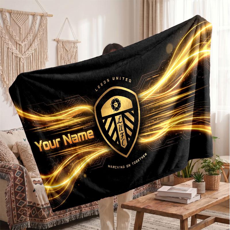 Leeds United Personalized Fleece Blanket With Football Logo, Custom Name Text Soft Warm Home Throw Blanket