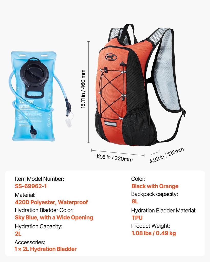 Lightweight Hydration Pack Backpack 2L Water Bladder Biking Hiking Running