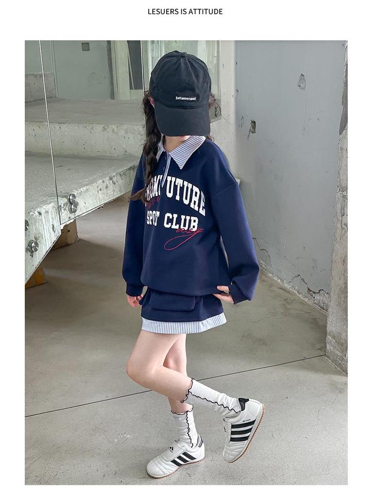 2025 Autumn Korean Style Outfit: Girls' Fashion Sweatshirt & Street Style Midi Skirt Set