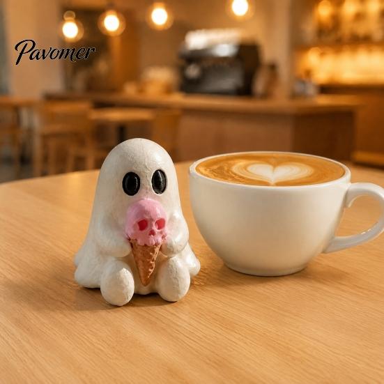 Cute Ghost Resin Ornaments Halloween Mini Decorative Figurine, 3D Printed White Statue with Personalized Gifts Pink Skull Ice Cream, Desktop Ornament