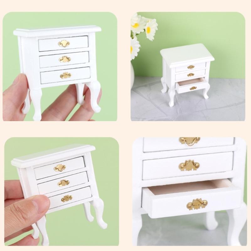 1: 12 Scale Wooden Doll house night table With Functional Drawer For Miniature Bedroom Scene Decoration