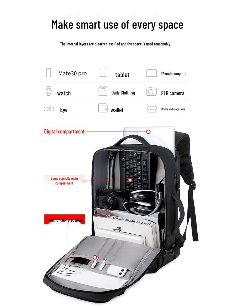 Expandable Water-Repellent Leather Laptop Backpack for Men - Large Capacity, Ideal for Business Trips and Commutes