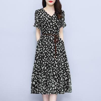 Vestido de chiffon feminino estilo ocidental floral com decote em v 2024 novo temperamento de verão capa carne e moda fina