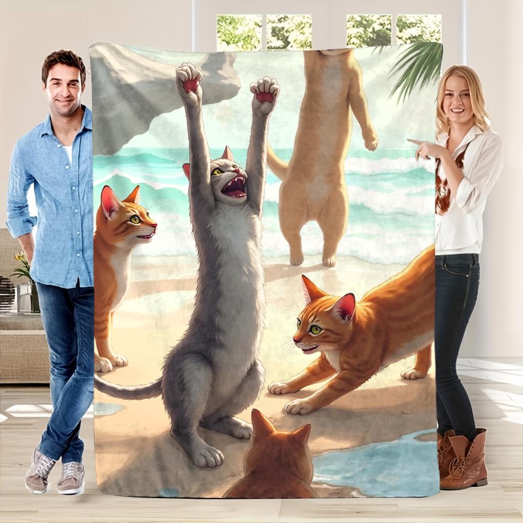 Fun Beach Cat Theme Flannel printed blanket suitable for all seasons suitable for living room office sofa and travel 180x250CM
