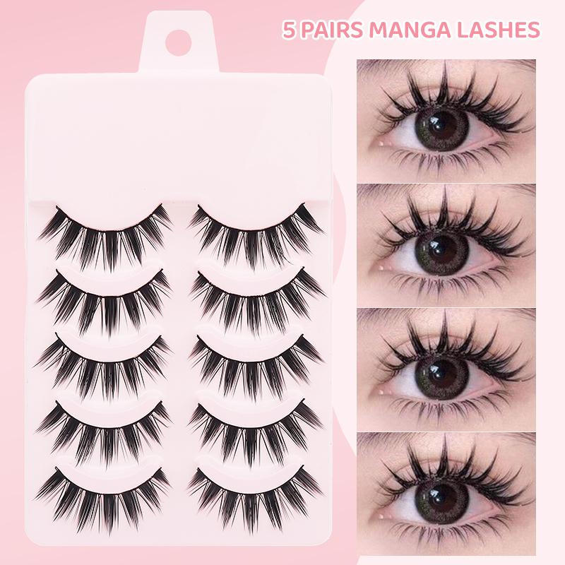 5 Pairs Manga Lashes Eyes Lashes Soft Natural Long Eyelashes Fake Lashes Anime Wispy Strip False Eyelashes Makeup