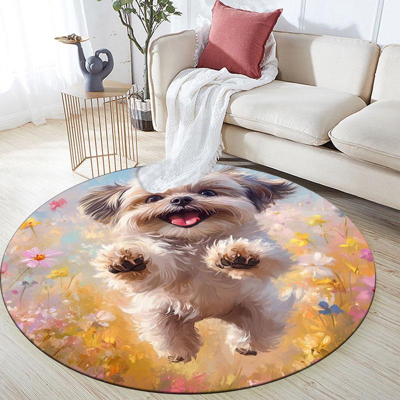 Shih Tzu & Flowers Pattern Round rug,Carpet Rug for Living Room Bedroom Playroom ,Non-slip Floor Mat,Holiday Gifts and Birthday Gifts.