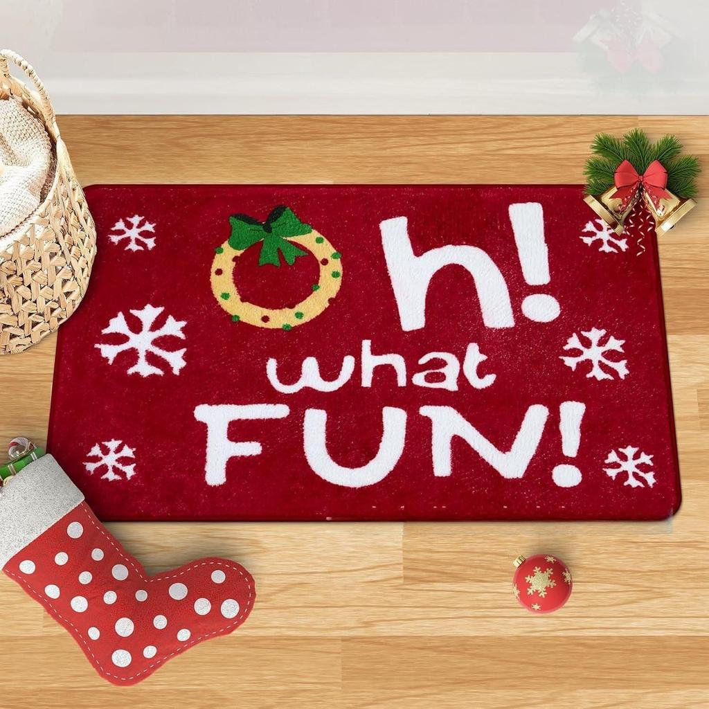 Red Christmas Print Faux Cashmere Bath Mat - Non-Slip Shower Rug & Festive Entryway Doormat
