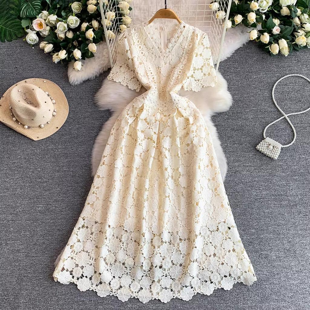 Summer Formal Evening Dress Women Hollow Out Crochet Lace Embroidery Party Long Dresses Female Short Sleeve Midi Dress