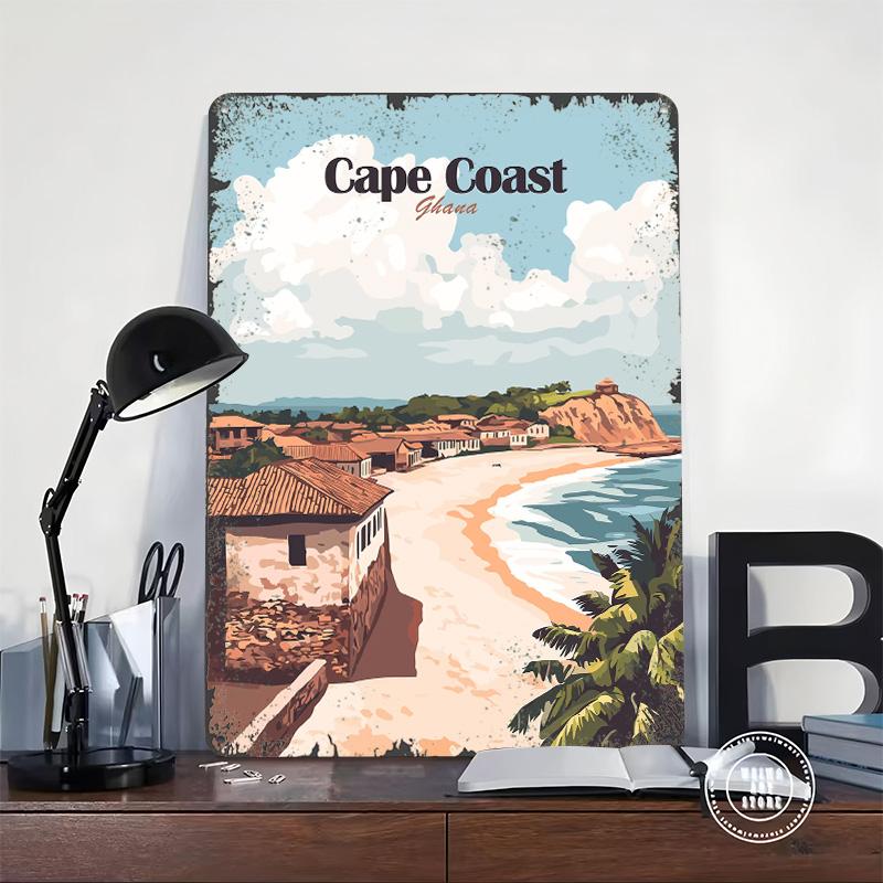 Cape Coast Ghana Reise Gedrucktes Poster Benutzerdefinierte Wandkunst Retro Vintage Metallblechschilder für Zimmerdekoration Gaming Wand Deko