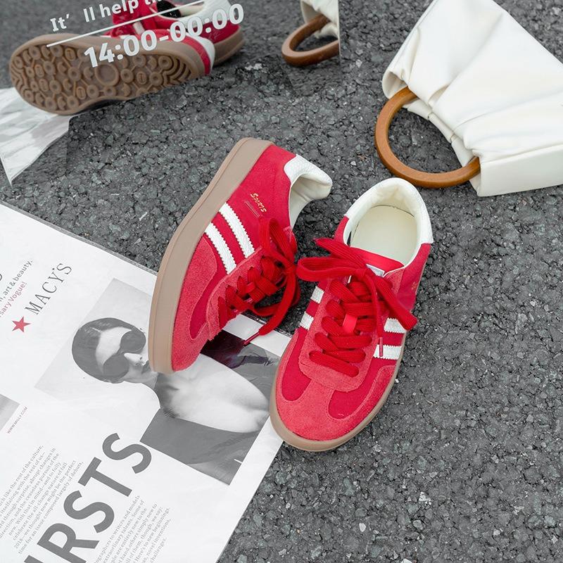 Cowhide Red Inner Height Increase Three Bars Women's Shoes Flat Bottom Versatile Shallow Mouth Comfortable Sports and Leisure