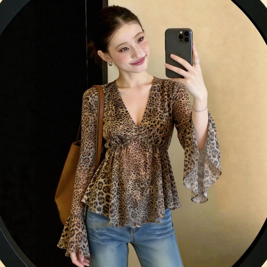Holiday style leopard print chiffon shirt women's summer new super good-looking loose and thin outer wear sunscreen top