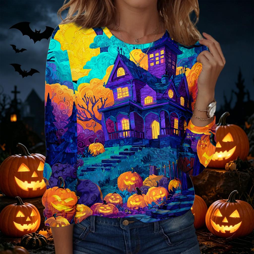 Women's Halloween Print Crew Neck Long Sleeve Pullover Sweatshirt Casual Fit Lightweight Top for Seasonal Wear