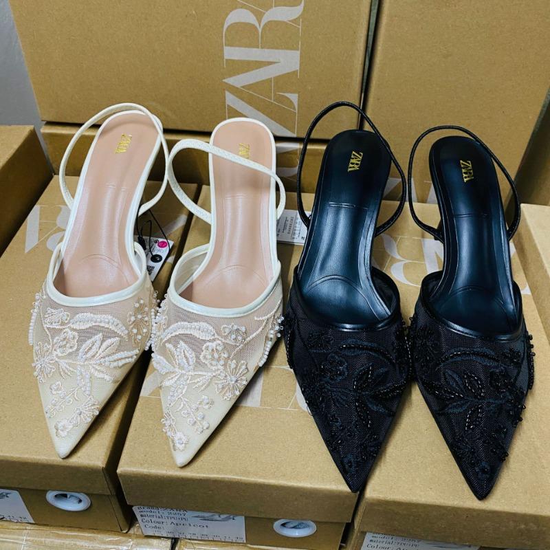 Ladies Flower Mesh Open Heel Sandals Shoes Sexy Designer High Heel Pointed Toe Stiletto Pumps Mules women sandals