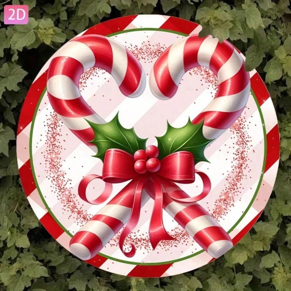 Vintage Christmas Candy Cane Wreath Metal Wall Sign 20x20 cm Retro Holiday Home Decor Xmas