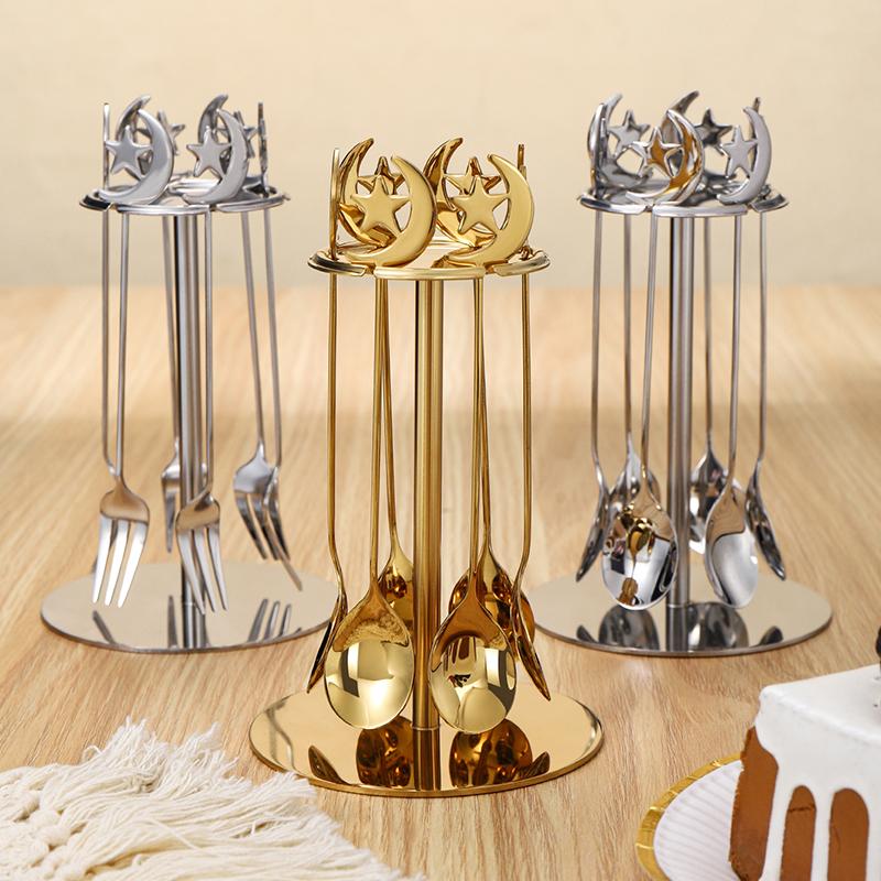 6Pcs Stainless Steel Star Moon Dessert Spoon Fork Set Gold Silver Coffee Stirring Spoon Forks Coffee Bar Kitchen Accessories