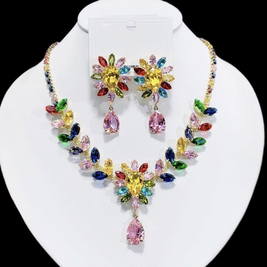 

Цветной циркон Роскошный комплект ожерелья и серег Премиум Серебряные серьги-иглы Цирконовое ожерелье