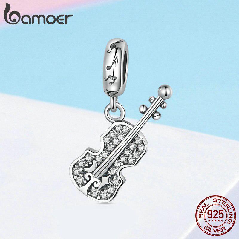 BAMOER New Collection 925 Sterling Silver Violin Shape Clear CZ Charms Beads Fit Original Bracelet