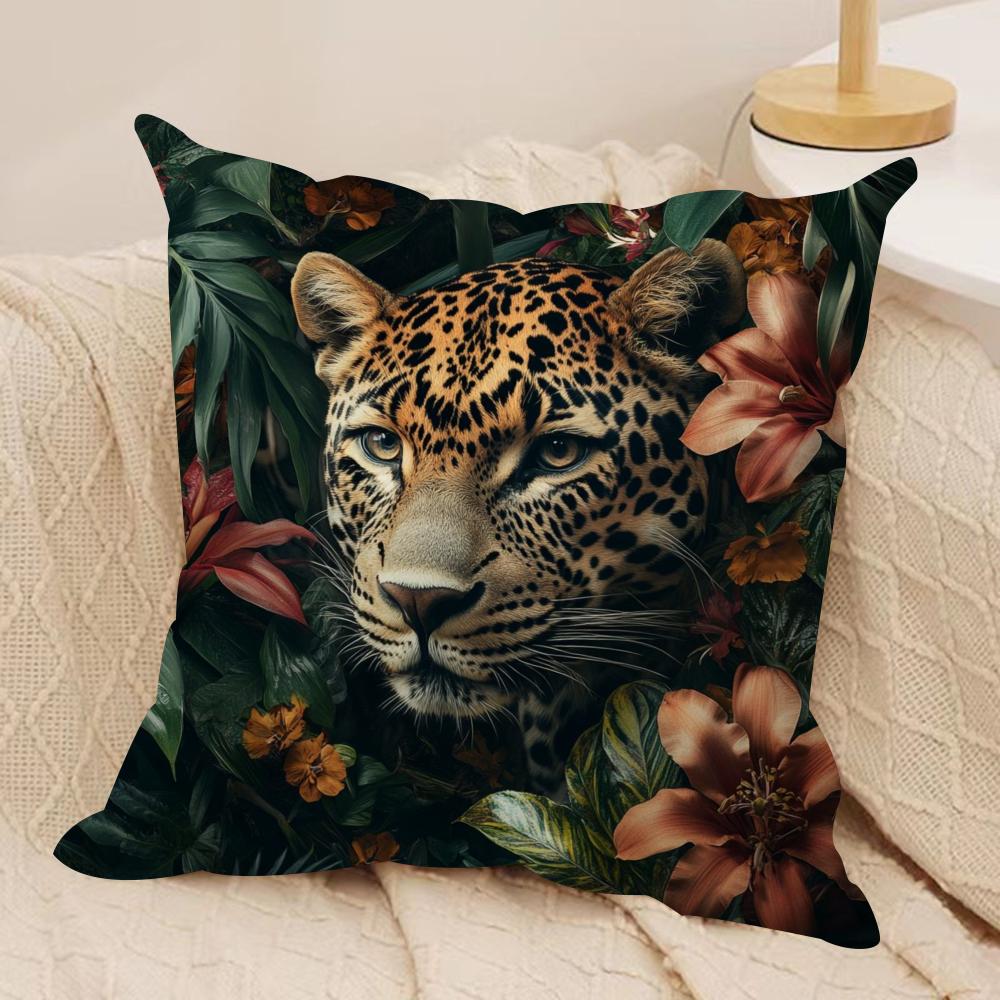 Uropean Fashion Leopard With Wreath Animal Portrait Cushion Cover Soft Plush Throw Pillow Cover  Cushion Case  Sofa Home Decor