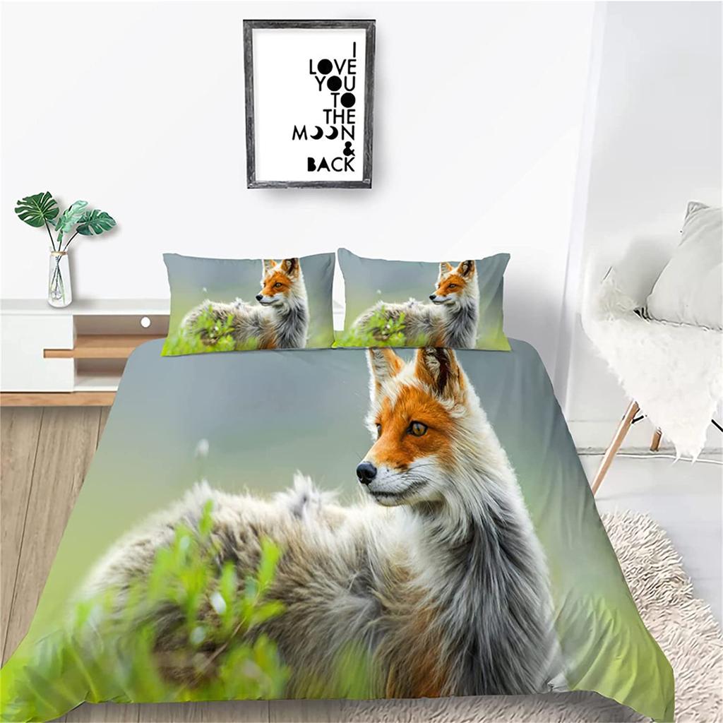Cartoon Fox Duvet Cover Set Cute Kawaii Wild Animals King Queen Size Polyester Comforter Cover With Pillowcase For Kids Teens