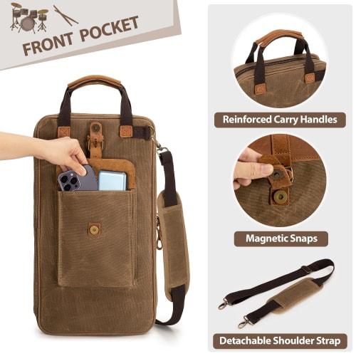 Damero Drumstick Bag, Holds Approximately 12 Pairs, Waxed Canvas, Shoulder Strap, Multiple Pockets