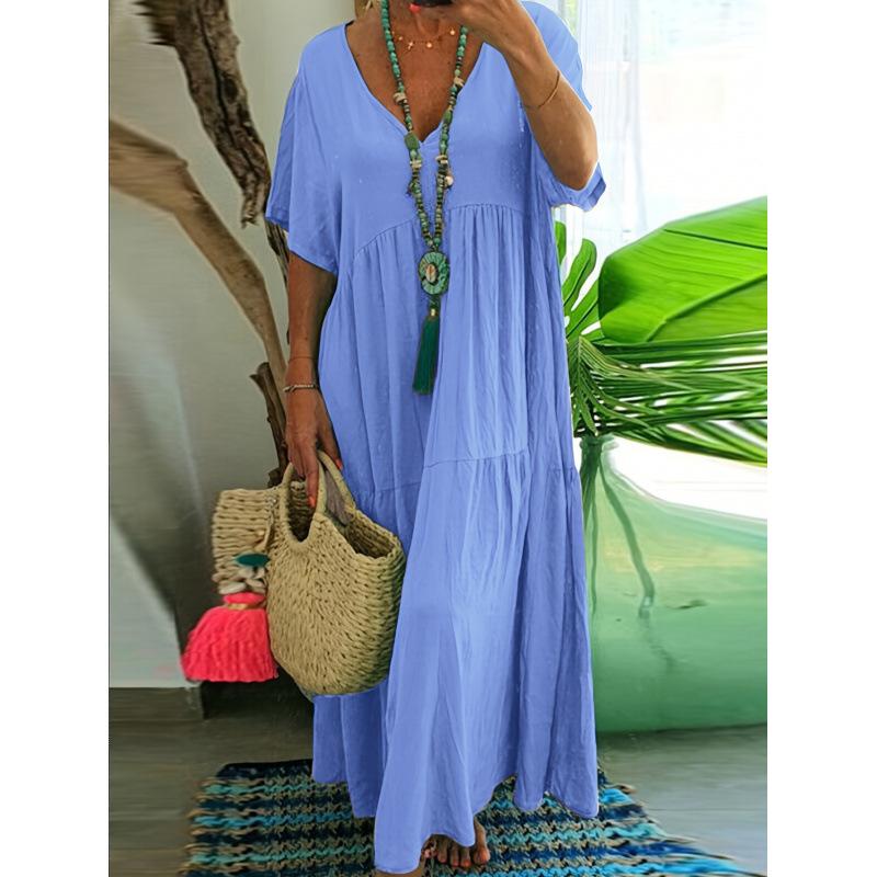 Großgröße Damen Freizeit Locker V-Ausschnitt Einfarbig Lang Kleid Frühling Sommer Falten Große Größe Damenkleid XXXXXL blau