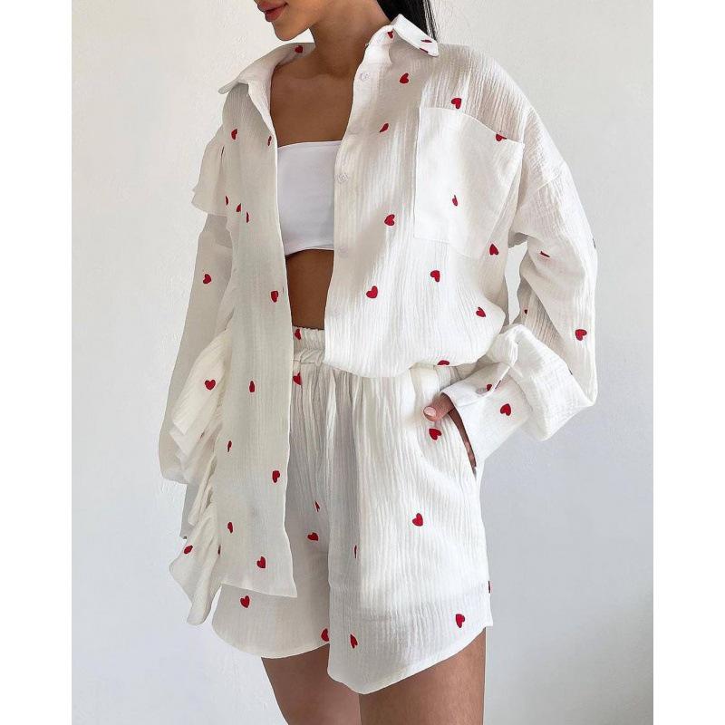Fashion Ruffle Heart Cotton Linen Homewear Set