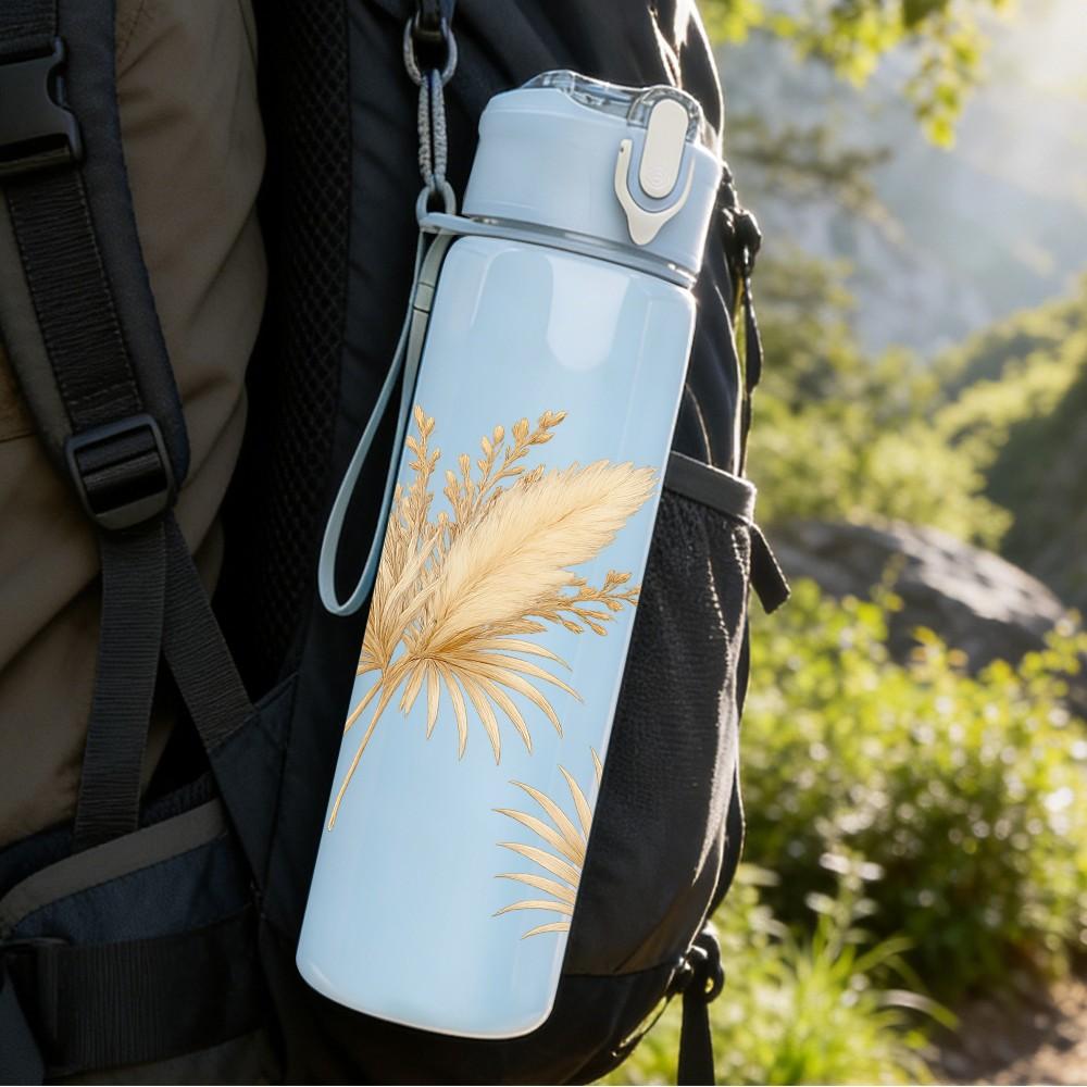 1PC Dry Beige Pampas Grass Bouquet Print 750ml Color Plastic Sports Water Bottle Leakproof Flip Straw Lid Suitable for Sports Office Home Use