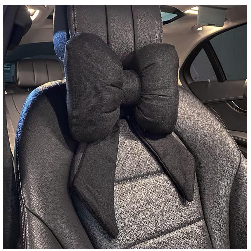 

YUYAKESHI Neck Pad Headrest Neck Pillow with Ribbon, Fluffy and Cute Cushion for Travel, Driving, and Car Use, with Buckle (Black, 1 Piece)