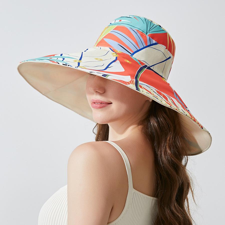 Cappello da Pescatore Estivo a Tesa Larga Double-Face con Stampa Parasole per Donna
