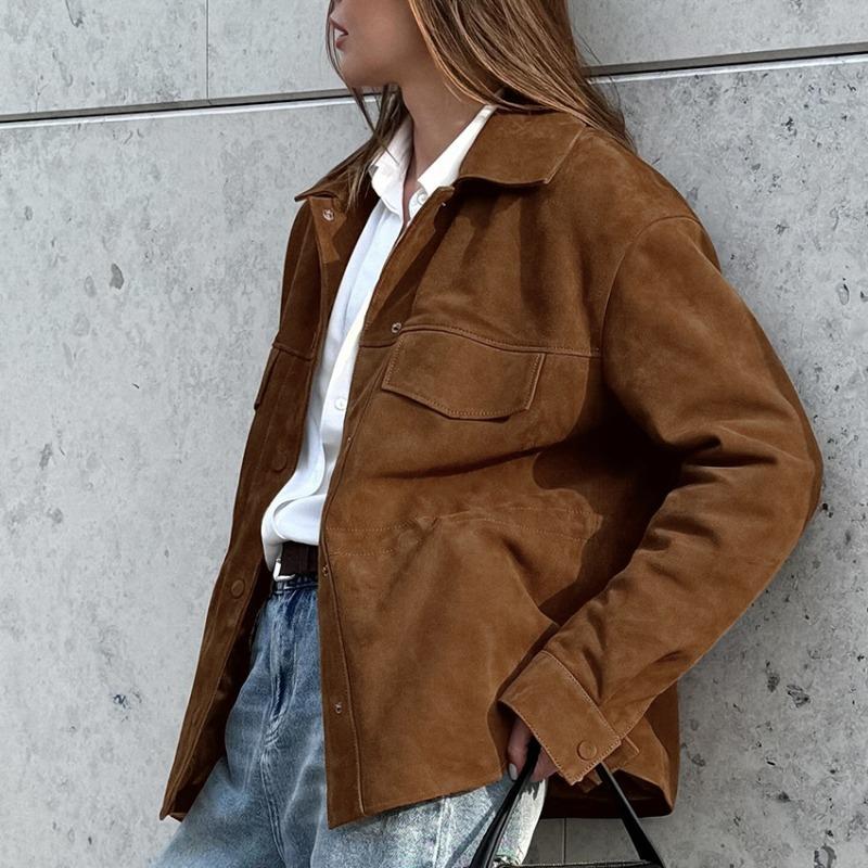 Retro Trend Fashion Street Shoot Waist Skinny Long Sleeve Lapel Suede Jacket Women's Commuter Versatile Jacket