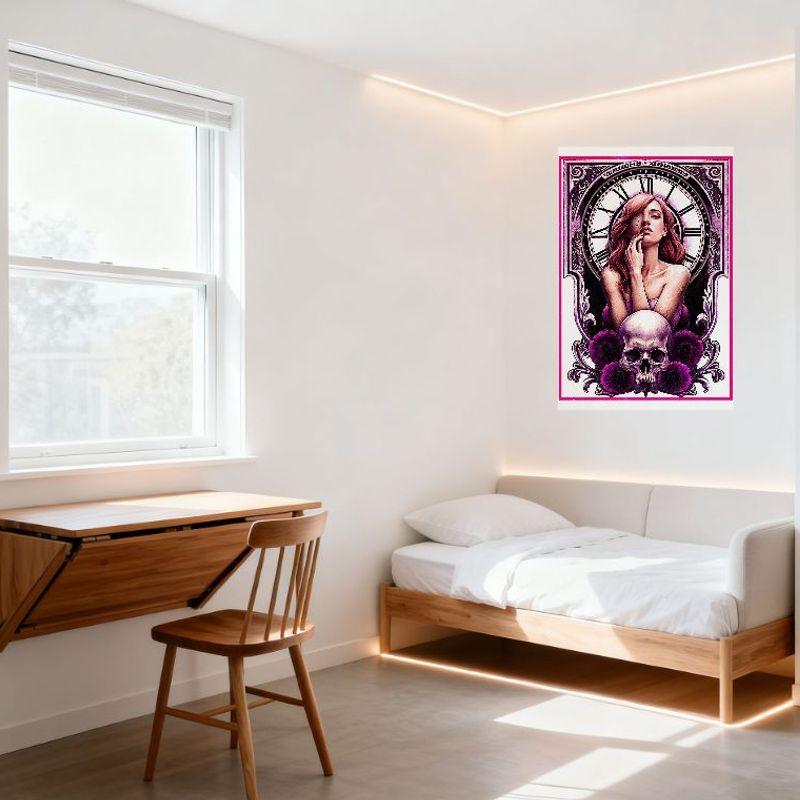 Sexy Woman Pink Hair Surreal Gothic Metal Tin Sign,Ornate Clock Skull Poppy Floral Wall Decor,Stylized Surreal Art for Bar Pub H