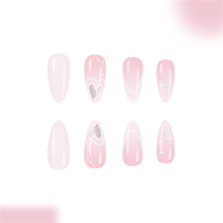 24PCS Ombres Glitters Press On Nail Medium Almond Shape White Heart Design Reusable Fake Nail ABS
