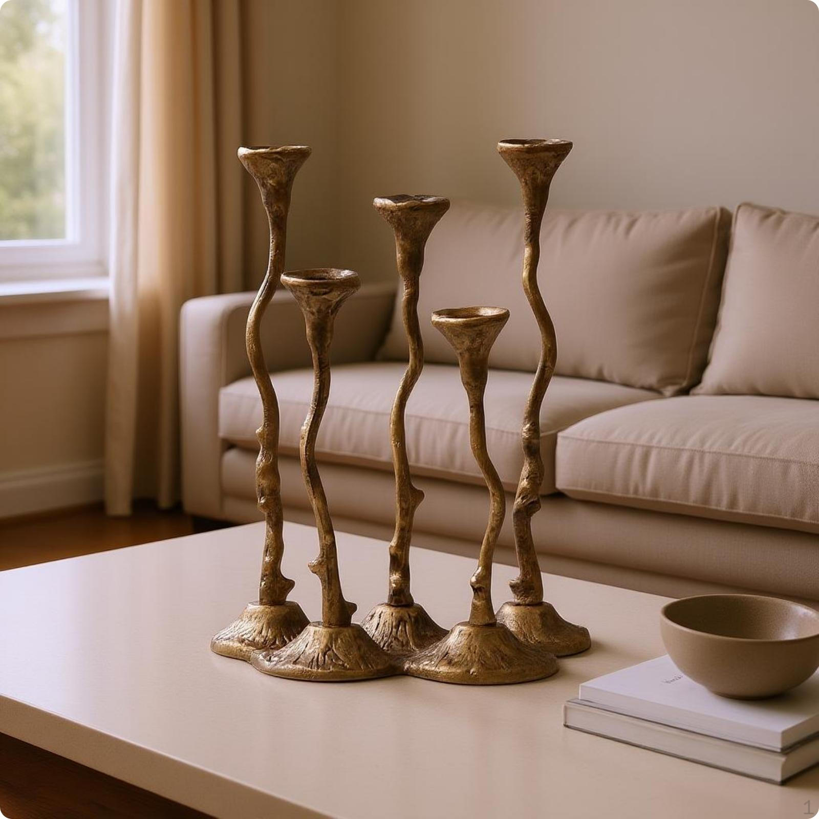 Cast Aluminum Candle Holder Sculptural FiveArm Textured Shiny Metal Candelabra Bronze