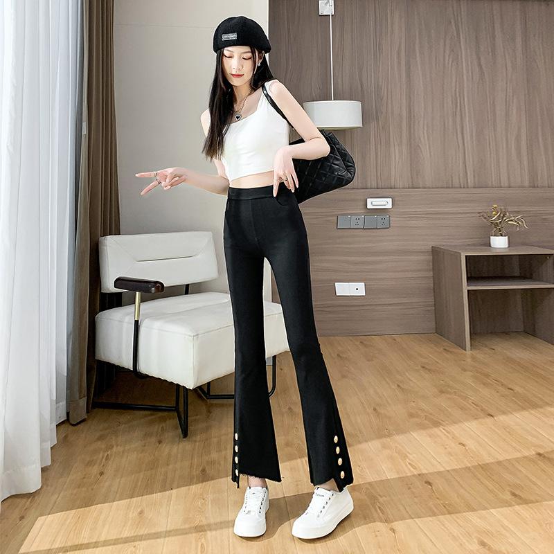

Split-ended micro-pull pants women s spring and summer new high-waisted thin small black flared pants children s nine-point pants M чёрный