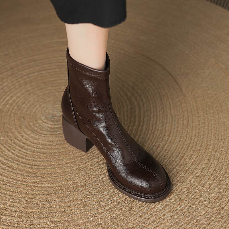 Krazing Po Microfiber Winter Round Toe Size 33 Western Boots Size 43 Zipper Thick High Heels Pleated Decoration Ankle Boots