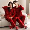 Red Turn-Down Collar Couple Pajamas - Long Sleeve, Plus Size, Korean Style Festive Homewear
