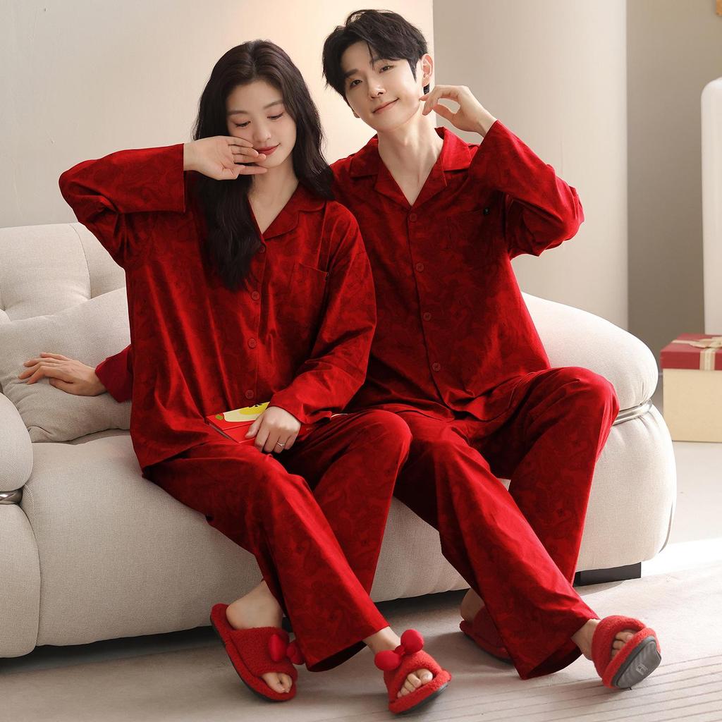 Red Turn-Down Collar Couple Pajamas - Long Sleeve, Plus Size, Korean Style Festive Homewear