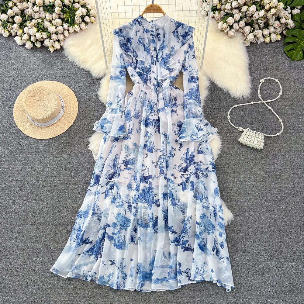 

Celadon Print Retro Bell Sleeve Stand Collar A-line Formal Dress Small синий