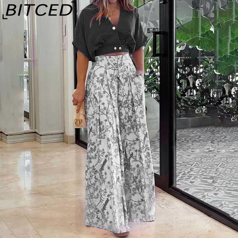BITCED Summer Set Shirt Top with V-Neck Fashion Print Wide-Leg Trousers Stylish Set